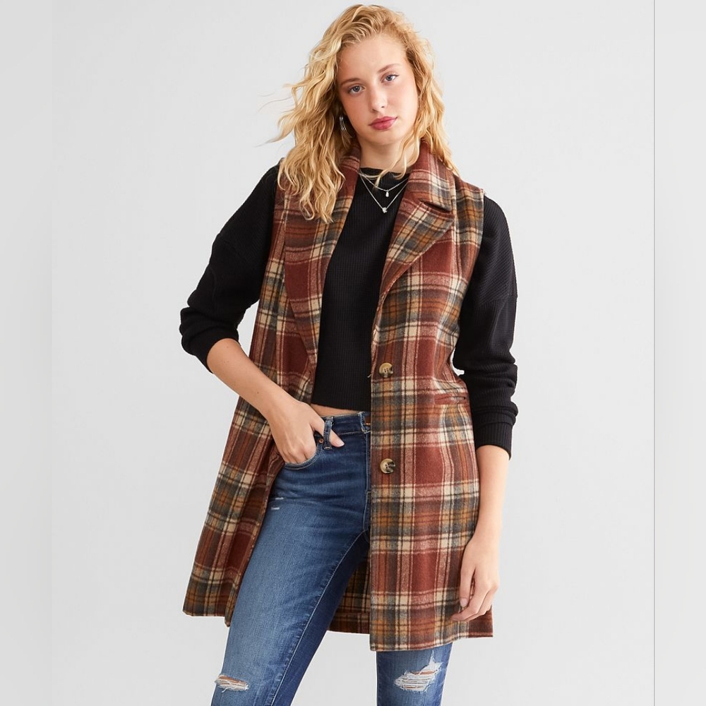 BKE Plaid Flannel Long Line Vest